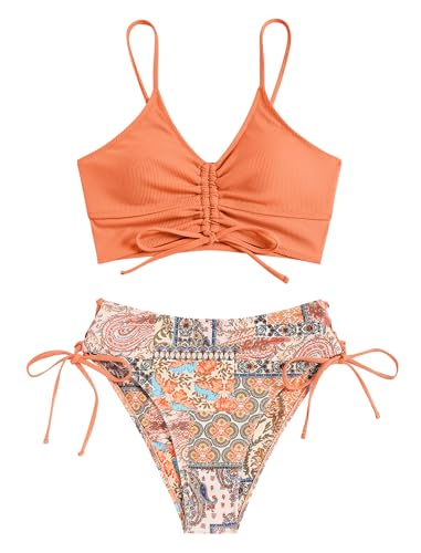 ZAFUL Damen-Bikini-Set mit V-Ausschnitt, gerüschte Schnürung vorne, hohe Taille, Blumendruck, gerippt, 2-teiliger Badeanzug, Orange/Abendrot im Zickzackmuster (Sunset Chevron), XL von ZAFUL