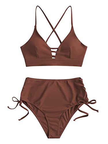 ZAFUL Damen-Bikini-Set mit hoher Taille, Sonnenblume, zweiteilig, Bauchkontrolle, Tankini, Schnürung, Wickel-Badeanzug, Kaffeebraun, Large von ZAFUL