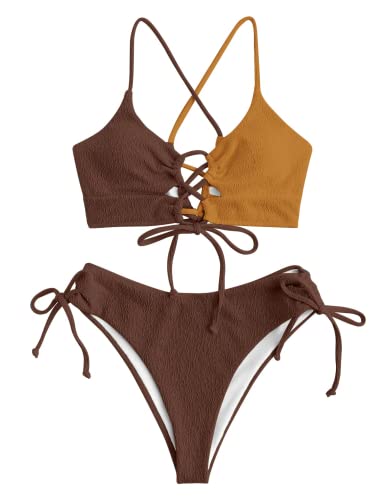 ZAFUL Damen-Bikini-Set mit hoher Taille, Sonnenblume, zweiteilig, Bauchkontrolle, Tankini, Schnürung, Wickel-Badeanzug, braun, Large von ZAFUL