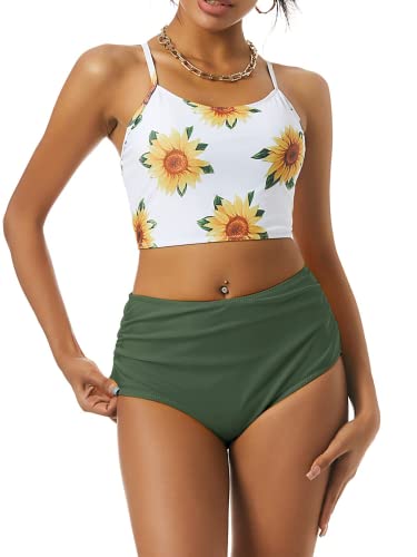 ZAFUL Damen Bikini-Set mit hoher Taille, Sonnenblume, zweiteilig, Bauchkontrolle, Tankini, Schnürung, Wickelanzug, Sonnenblumen-Grün, Medium von ZAFUL