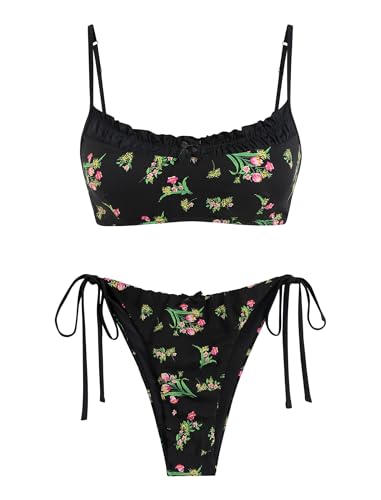 ZAFUL Damen-Bikini-Set mit seitlichem Farbblock, zweiteiliger Badeanzug, Gingham-Muster, gespleißt, gerüscht, Rüschenbesatz, niedlicher Bikini, 1 Blumenmuster, Schwarz, Large von ZAFUL