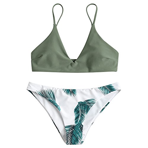 ZAFUL Damen Bikini Sets, Push-Up Spaghettiträger Bikini Obertiel Hoher Bund Pflanzenmuster Badehose Sommer (Grün, L) von ZAFUL