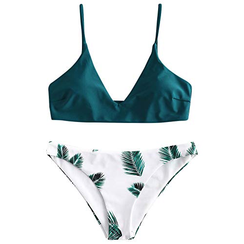 ZAFUL Damen Bikini Sets, Push-Up Spaghettiträger Bikini Obertiel Hoher Bund Pflanzenmuster Badehose Sommer (Pfauenblau, L) von ZAFUL