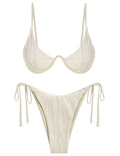 ZAFUL Damen Bikini Sets Gerippt Zweiteilige Badeanzüge Bügel Verstellbarer Rückenverschluss Badeanzug Seitliche Krawatte Tanga Bademode, Beige, Large von ZAFUL