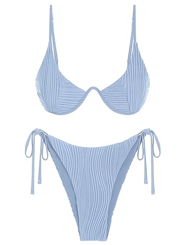 ZAFUL Damen Bikini Sets Gerippt Zweiteilige Badeanzüge Bügel Verstellbarer Rückenverschluss Badeanzug Seitliche Krawatte Tanga Bademode, Himmelblau, S von ZAFUL