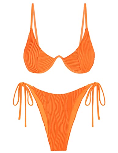 ZAFUL Damen Bikini Sets Gerippt Zweiteilige Badeanzüge Bügel Verstellbarer Rückenverschluss Badeanzug Seitliche Krawatte Tanga Bademode, Orange/Abendrot im Zickzackmuster (Sunset Chevron), Medium von ZAFUL