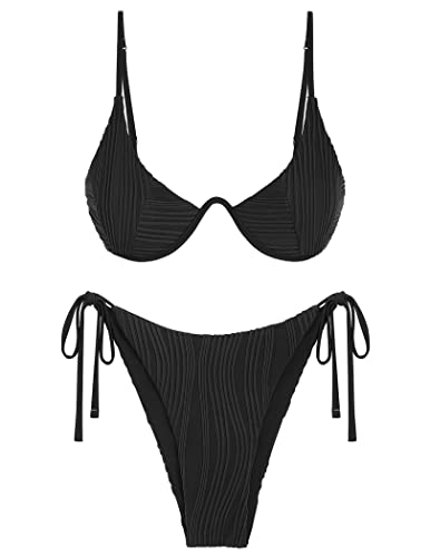 ZAFUL Damen Bikini Sets Gerippt Zweiteilige Badeanzüge Bügel Verstellbarer Rückenverschluss Badeanzug Seitliche Krawatte Tanga Bademode, Schwarz, Medium von ZAFUL