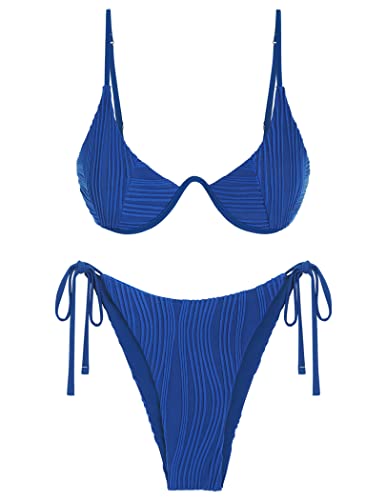 ZAFUL Damen Bikini Sets Gerippte Zweiteilige Badeanzug Bügel Verstellbare Haken Badeanzug High Cut Tanga Tie Seite Bademode, Blau, S von ZAFUL