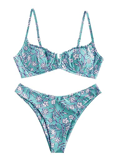 ZAFUL Damen Bügel-Bikini, Blumenmuster, hoher Schnitt, V-Draht, zweiteiliger Badeanzug, 1 g, Blau, Large von ZAFUL