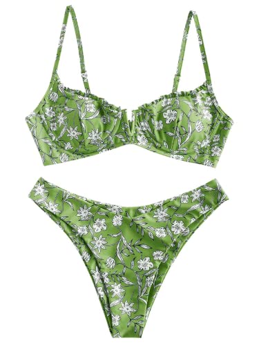 ZAFUL Damen Bügel Bikini Floral High Cut Bikini Set V-Wired Zweiteiliger Badeanzug Badeanzug, 1-grün, Large von ZAFUL