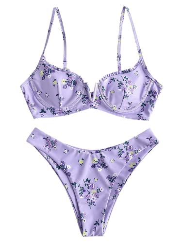 ZAFUL Damen Bügel Bikini Floral V-Wired High Leg Zweiteilige Bikini Set Badeanzug, 1-hell lila, Small von ZAFUL