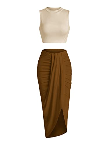 ZAFUL Damen Casual Ärmellos Sommer Zweiteilige Outfits Crop Top und Seite Split Drapiert Gerafft Maxirock Set Solide Anzug, B-Beige & Kaffee, M von ZAFUL