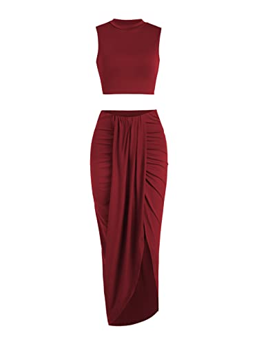 ZAFUL Damen Casual Ärmellos Sommer Zweiteilige Outfits Crop Top und Seite Split Drapiert Gerafft Maxirock Set Solide Anzug, B-Wine Rot, M von ZAFUL