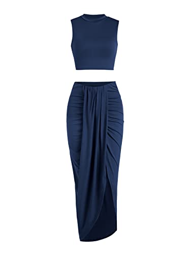 ZAFUL Damen Casual Ärmellos Sommer Zweiteilige Outfits Crop Top und Seite Split Drapiert Rüschen Maxi Rock Set Solid Suit, B-Blau, Mittel von ZAFUL