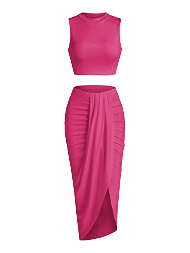 ZAFUL Damen Casual Ärmellos Sommer Zweiteilige Outfits Crop Top und Seite Split Drapiert Rüschen Maxi Rock Set Solid Suit, B-Rose Pink, Mittel von ZAFUL