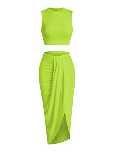 ZAFUL Damen Casual Ärmellos Sommer Zweiteilige Outfits Crop Top und Seite Split Drapiert Rüschen Maxi Rock Set Solid Suit, B-fluogreen, Mittel von ZAFUL