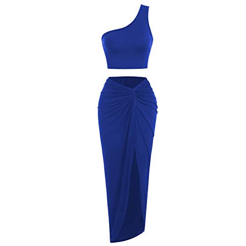 ZAFUL Damen Casual Ärmellos Sommer Zweiteilige Outfits Crop Top und Seite Split Drapiert Rüschen Maxi Rock Set Solid Suit, M-blau, M von ZAFUL