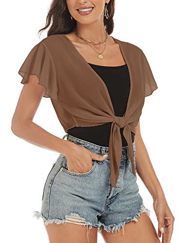 ZAFUL Damen Chiffon Cropped Bolero Sheer Shrugs for Kleid Kurzarm Tie Front Cardigan, Kaffee, Groß von ZAFUL