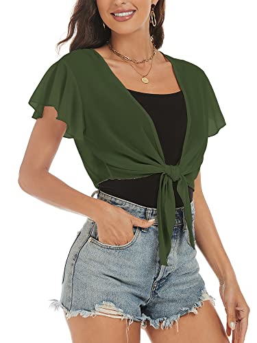 ZAFUL Damen Chiffon Cropped Bolero Sheer Shrugs for Kleid Kurzarm Tie Front Cardigan, Militär, Grün, Groß von ZAFUL