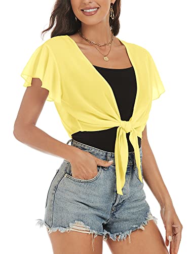 ZAFUL Damen Chiffon Cropped Bolero Sheer Shrugs for Kleid Kurzarm Tie Front Cardigan, gelb, X-Groß von ZAFUL