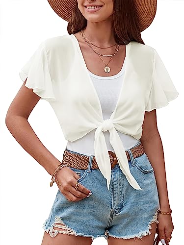 ZAFUL Damen Chiffon Cropped Bolero Sheer Shrugs für Kleid Kurzarm Krawatte vorne Cardigan, Cream, Groß von ZAFUL