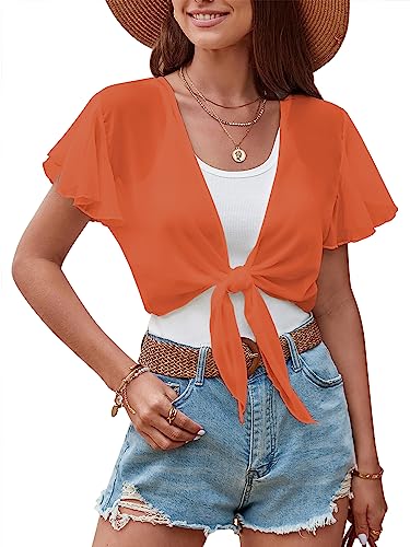 ZAFUL Damen Chiffon Cropped Bolero Sheer Shrugs für Kleid Kurzarm Krawatte vorne Cardigan, Orange/Abendrot im Zickzackmuster (Sunset Chevron), Mittel von ZAFUL