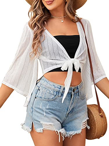 ZAFUL Damen Cropped Bolero Sheer Shrugs for Dress Short Sleeve Tie Front Cardigan White M von ZAFUL