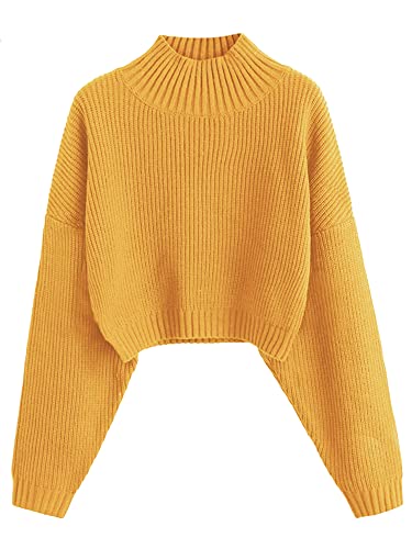 ZAFUL Damen Cropped Rollkragenpullover Laternenärmel Rippstrick Pullover Sweater Pullover, 1-gelb, X-Groß von ZAFUL