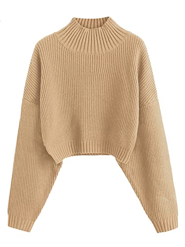 ZAFUL Damen Cropped Rollkragenpullover Laternenärmel Rippstrick Pullover Sweater Pullover, 1-tan, Klein von ZAFUL