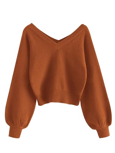 ZAFUL Damen Cropped Sweater V-Ausschnitt Langarm Crop Sweater Pullover Jumper Knit Top, 1 Kürbis-Orange, Klein von ZAFUL