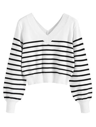 ZAFUL Damen Cropped Sweater V-Ausschnitt Langarm Crop Sweater Pullover Jumper Knit Top, 1-Streifenweiß, Klein von ZAFUL