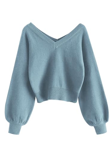 ZAFUL Damen Cropped Sweater V-Ausschnitt Langarm Crop Sweater Pullover Jumper Knit Top, 1 Zementblau, Klein von ZAFUL