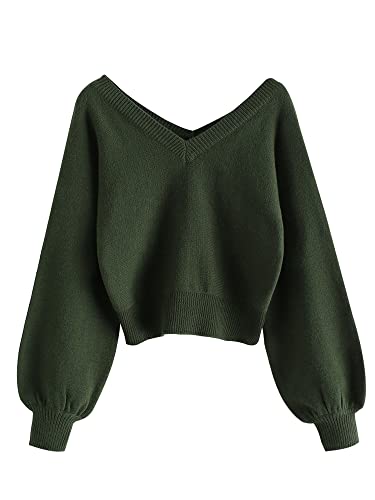 ZAFUL Damen Cropped Sweater V-Ausschnitt Langarm Crop Sweater Pullover Jumper Knit Top, 1-grün, X-Groß von ZAFUL