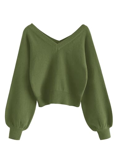 ZAFUL Damen Cropped Sweater V-Ausschnitt Langarm Crop Sweater Pullover Jumper Knit Top, 1-hell grün, Klein von ZAFUL