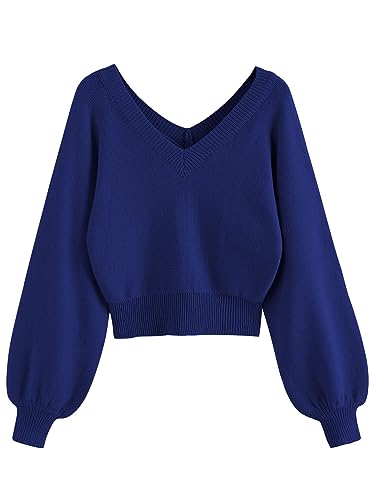 ZAFUL Damen Cropped Sweater V-Ausschnitt Langarm Crop Sweater Pullover Jumper Knit Top, 1-royal blue, Mittel von ZAFUL