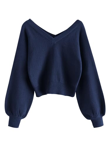 ZAFUL Damen Cropped Sweater V-Ausschnitt Langarm Crop Sweater Pullover Pullover Strickoberteil, 1-Marineblau, Groß von ZAFUL