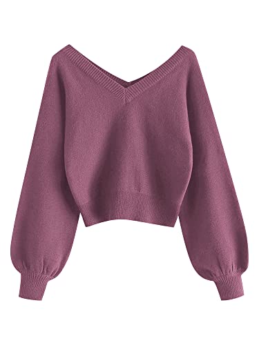 ZAFUL Damen Doppel V-Ausschnitt Langarm Crop Sweater Lose Pullover Pullover, 1-Rot Violett, Mittel von ZAFUL