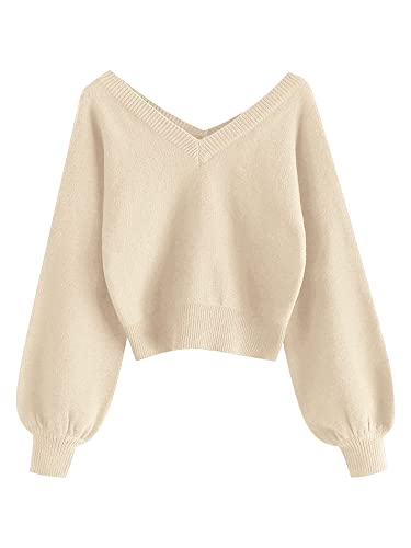 ZAFUL Damen Doppel V-Ausschnitt Langarm Crop Sweater Lose Pullover Pullover, 1-apricot, Klein von ZAFUL