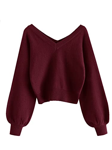 ZAFUL Damen Doppel V-Ausschnitt Langarm Crop Sweater Lose Pullover Pullover, B-Wine Rot, X-Groß von ZAFUL