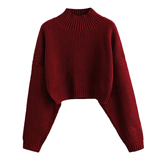 ZAFUL Damen Drop Shoulder Einfarbig Cropped Strick Kurz Sweater Solide Langarm Loose Fit Tops Pullover - Rot - Groß von ZAFUL