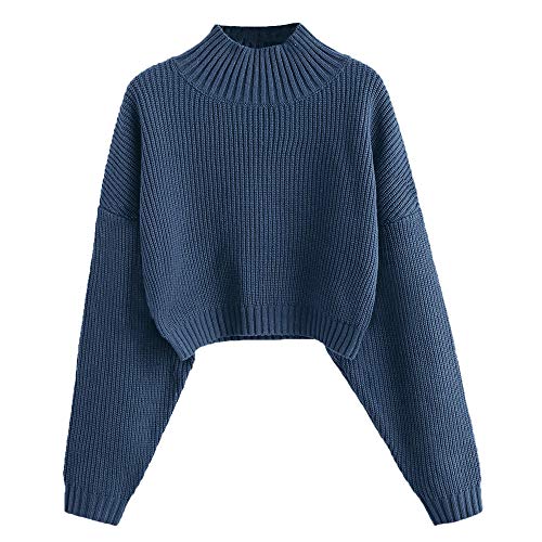 ZAFUL Damen Drop Shoulder Plain Knitted Cropped Sweater Pullover Solid Long Sleeve Loose Fit Cropped Tops, slate blue, Mittel von ZAFUL