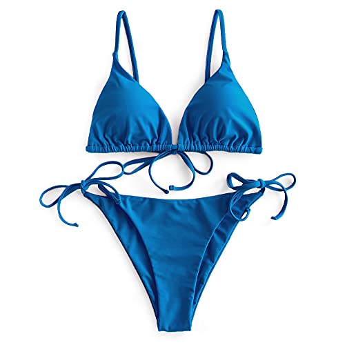 ZAFUL Damen Gepolstert Bikini Set, Einfarbig Bikini Badeanzug mit Dreieck Cup Spaghetti-Träger (Blau, M) von ZAFUL