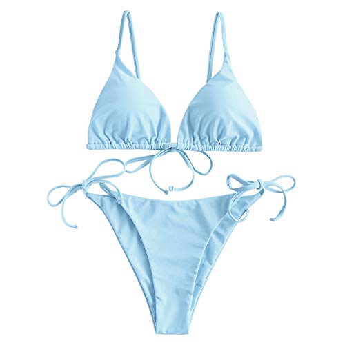ZAFUL Damen Gepolstert Bikini Set, Einfarbig Bikini Badeanzug mit Dreieck Cup Spaghetti-Träger (Hellblau, L) von ZAFUL