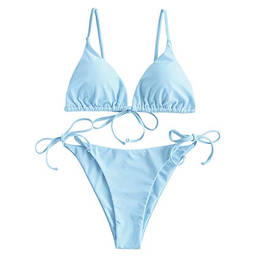 ZAFUL Damen Gepolstert Bikini Set, Einfarbig Bikini Badeanzug mit Dreieck Cup Spaghetti-Träger (Hellblau, S) von ZAFUL