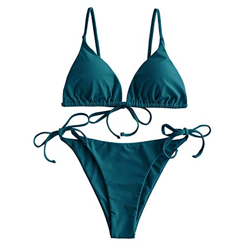 ZAFUL Damen Gepolstert Bikini Set, Einfarbig Bikini Badeanzug mit Dreieck Cup Spaghetti-Träger (Pfauenblau, M) von ZAFUL