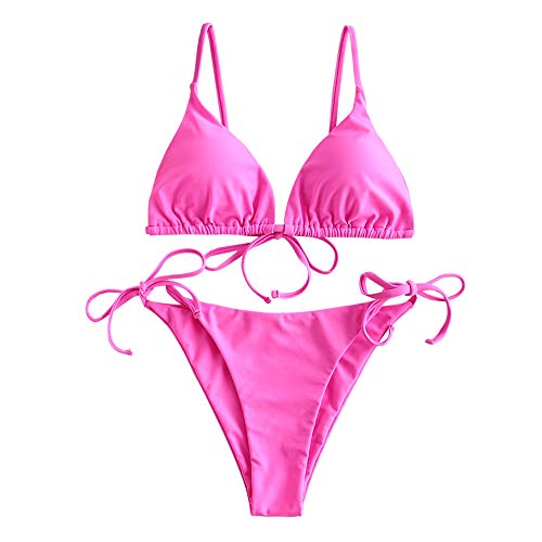 ZAFUL Damen Gepolstert Bikini Set, Einfarbig Bikini Badeanzug mit Dreieck Cup Spaghetti-Träger (Rosa, S) von ZAFUL