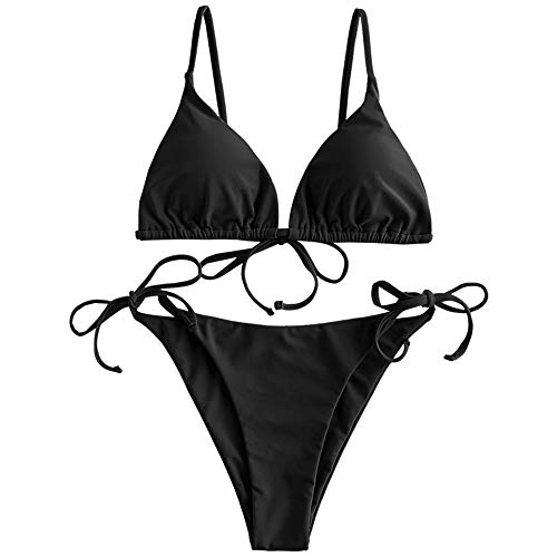 ZAFUL Damen Gepolstert Bikini Set, Einfarbig Bikini Badeanzug mit Dreieck Cup Spaghetti-Träger (Schwarz, L) von ZAFUL