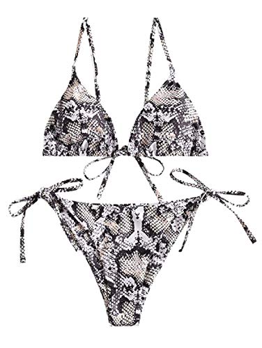 ZAFUL Damen Gepolstert Bikini Set, Einfarbig Bikini Badeanzug mit Dreieck Cup Spaghetti-Träger (Schwarz-A, L) von ZAFUL