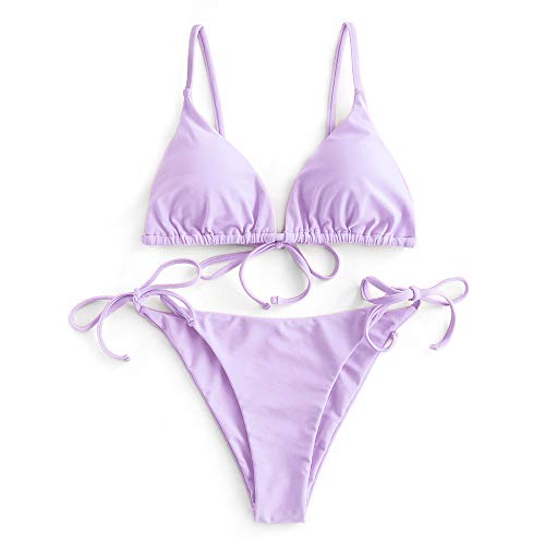 ZAFUL Damen Gepolstert Bikini Set, Einfarbig Bikini Badeanzug mit Dreieck Cup Spaghetti-Träger (Violett, L) von ZAFUL