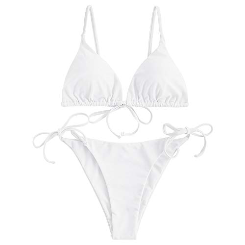 ZAFUL Damen Gepolstert Bikini Set, Einfarbig Bikini Badeanzug mit Dreieck Cup Spaghetti-Träger (Weiß, S) von ZAFUL